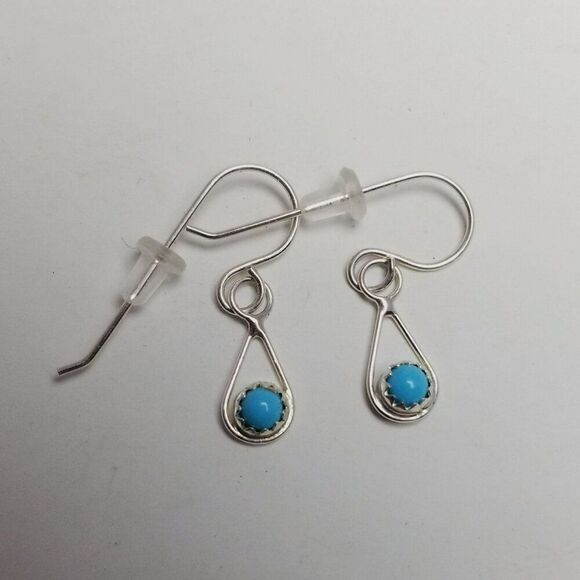 Vintage Blue Cabochon Small Dangle Earrings, Silver Tone Setting, Estate - Picture 2 of 6